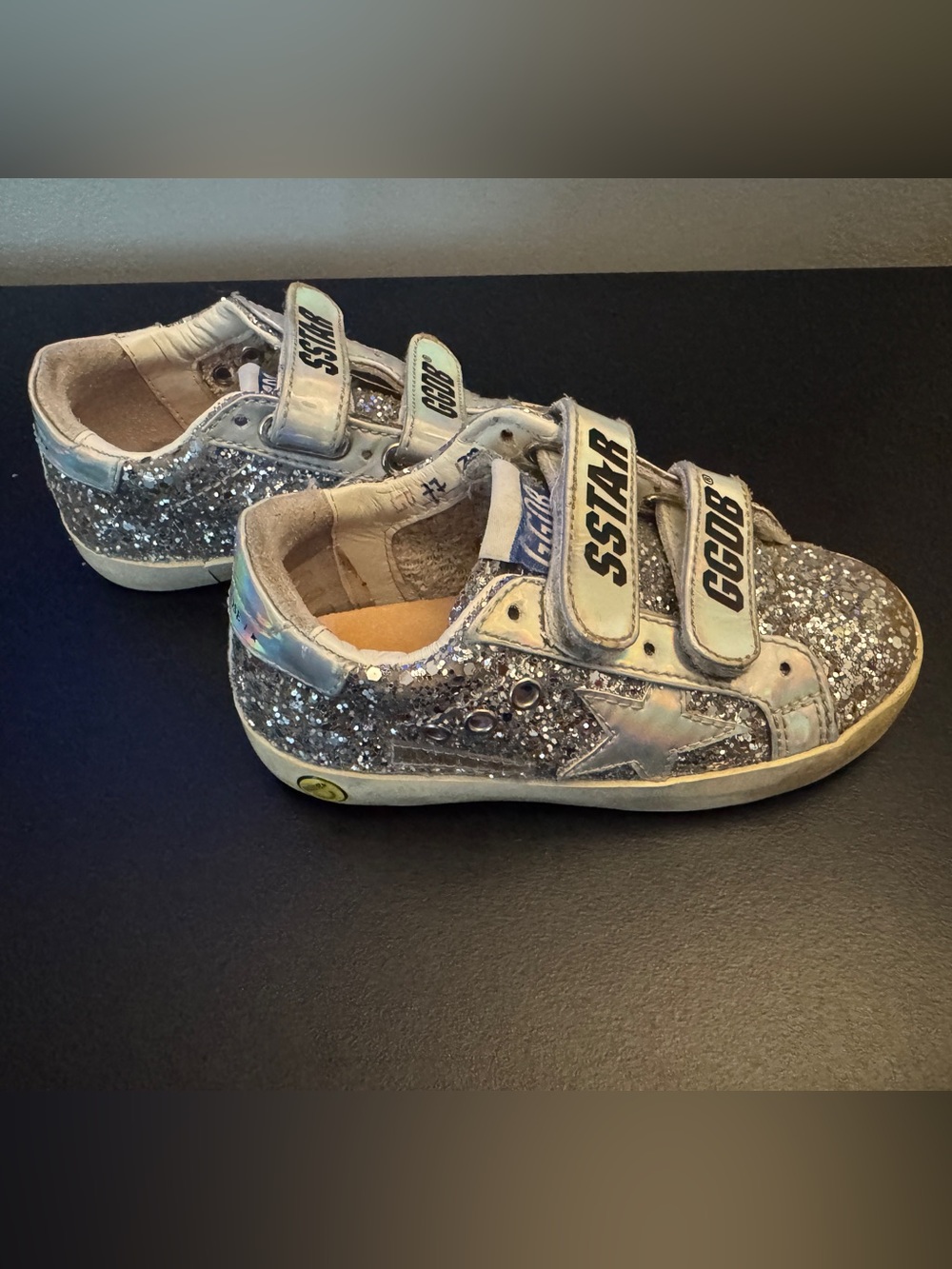 Golden Goose Kids Iridescent Silver Glitter Velcro Sneakers size 24 (US 7.5)